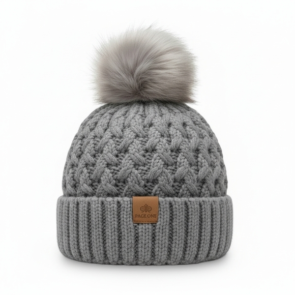 page one Accessories - Page One Lined Benie Ribbed Cable Knit Pom Pom Gray Size OS